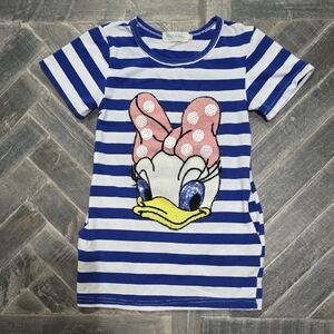 Kids Blue and White Striped Tee with Cartoon Design